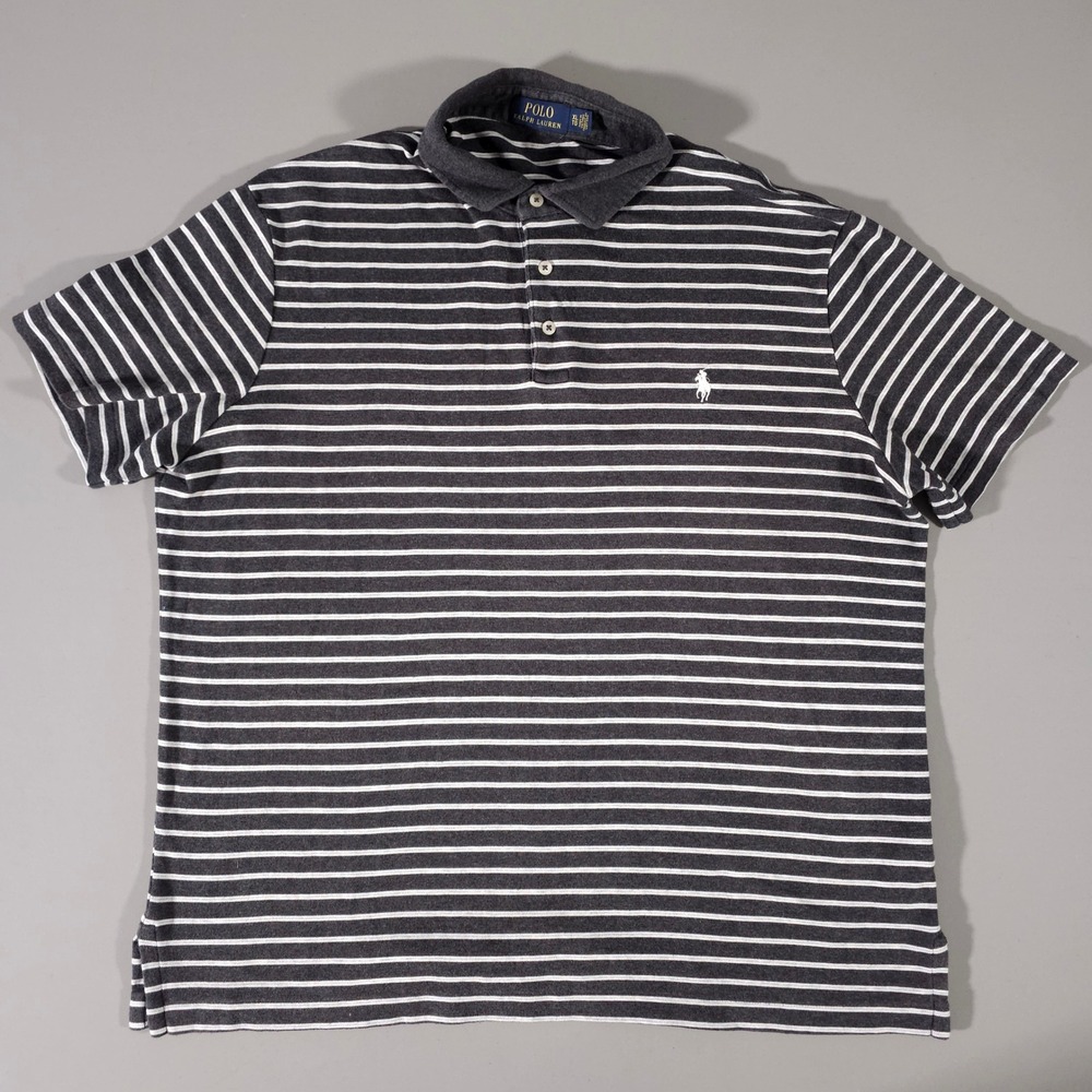 Polo Ralph Lauren Polo Shirt Mens XL Grey White Striped Short Sleeve Cotton